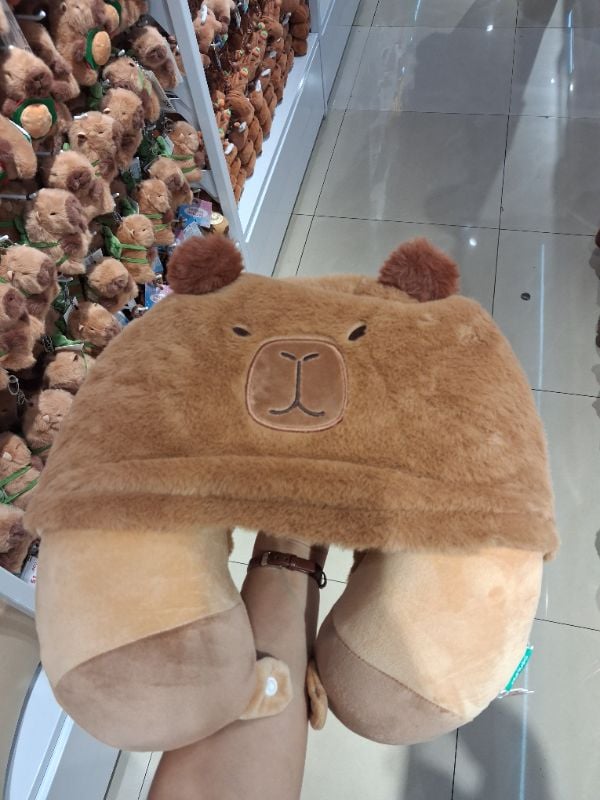 Bantal Leher U Berbahan Memory Foam Seri Kapibara Lucu dengan Tudung