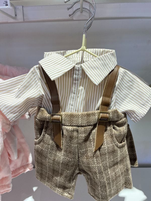 138 Setelan Kemeja Bergaris + Rompi Kotak-Kotak Abu-Abu