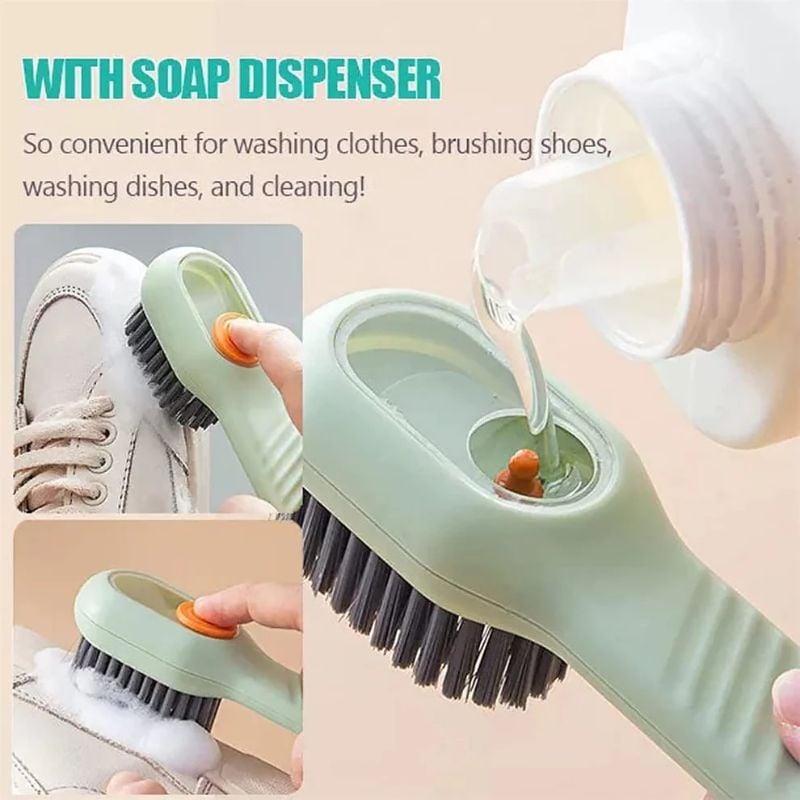 Multifunctional Scrubbing Brush with Built-in Liquid Soap Dispenser | All-in-One Cleaning Brush for Shoes, Clothes, and Dishes | Soft Bristles, Non-Slip Handle & Wall-Mount Storage