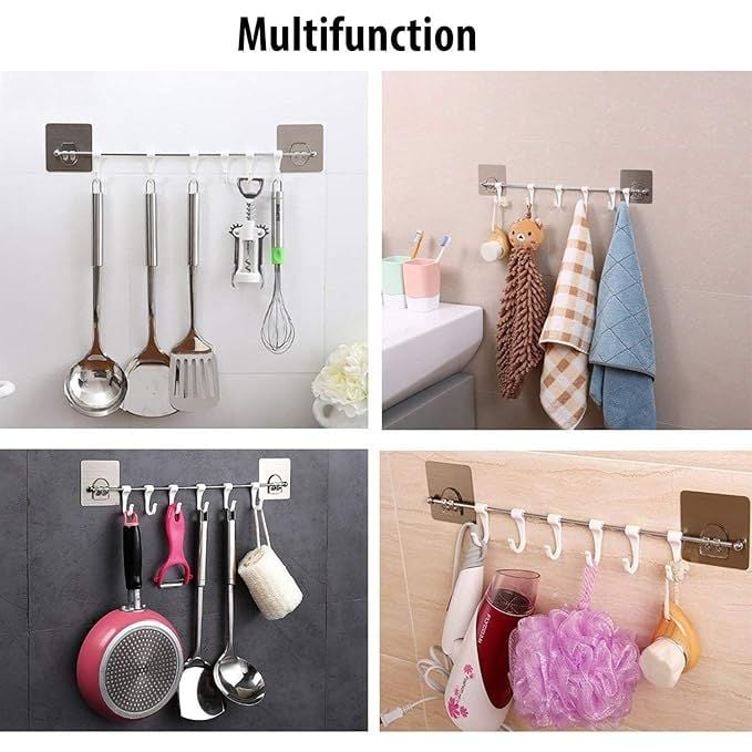 Stainless Steel Wall Mounted Utensil Hanger Rail with 6 Hooks & Nail-Free Adhesive Stickers | Kitchen Organizer Rod for Spoons, Towels & Tools | Removable, Rustproof, and Space-Saving Rack