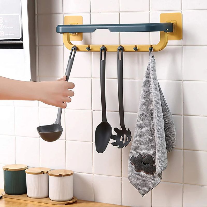 Wall Mounted Double Bar Towel Holder with Hooks | Foldable Adjustable Bathroom & Kitchen Towel Rack | No-Drill Installation | Space-Saving Multifunctional ABS Towel Shelf