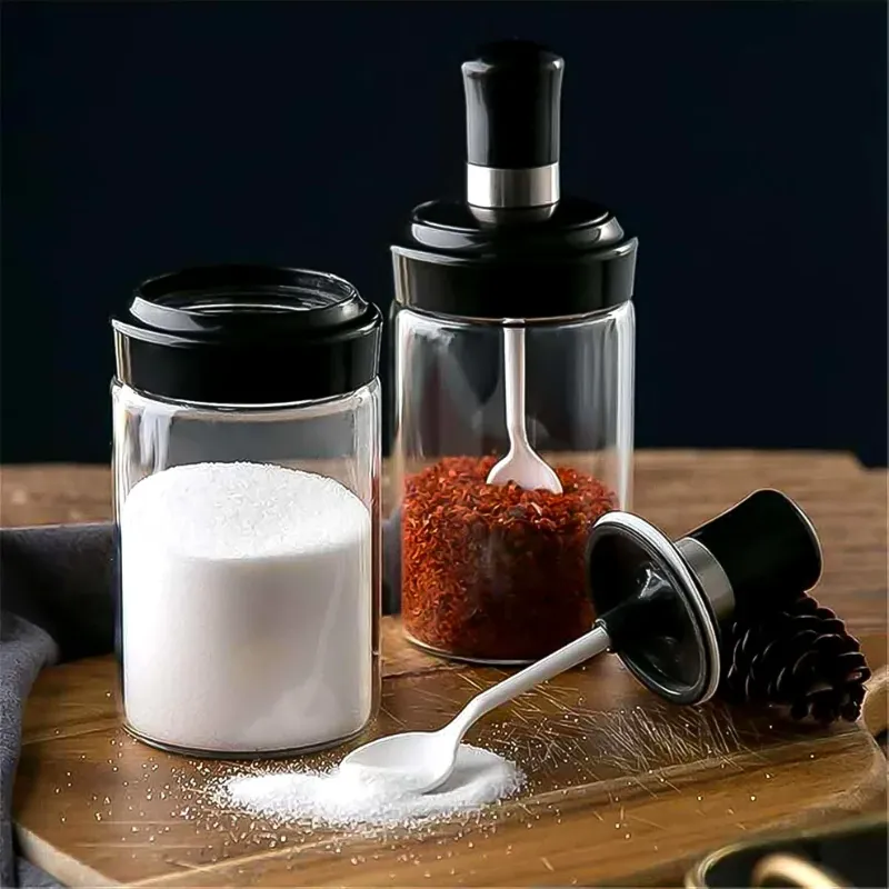 Glass Spice Box with Attached Spoon | Leak-Proof Masala & Seasoning Jar – See-Through, Airtight & Heat Resistant (1 Pcs)