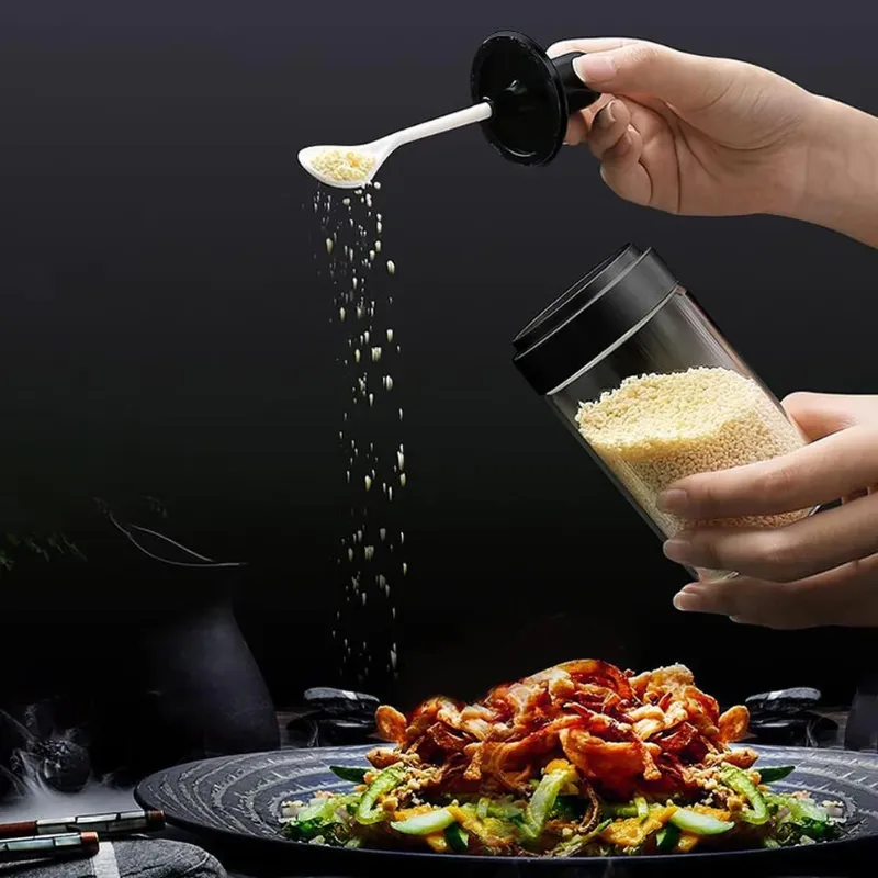 Glass Spice Box with Attached Spoon | Leak-Proof Masala & Seasoning Jar – See-Through, Airtight & Heat Resistant (1 Pcs)