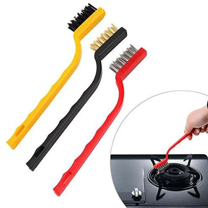 3-Pcs Mini Wire Brush Set – Nylon, Brass & Stainless Steel Brushes for Rust, Dirt, Paint Removal & Auto Detailing | Handy Cleaning Brushes with Comfort Grip Handles