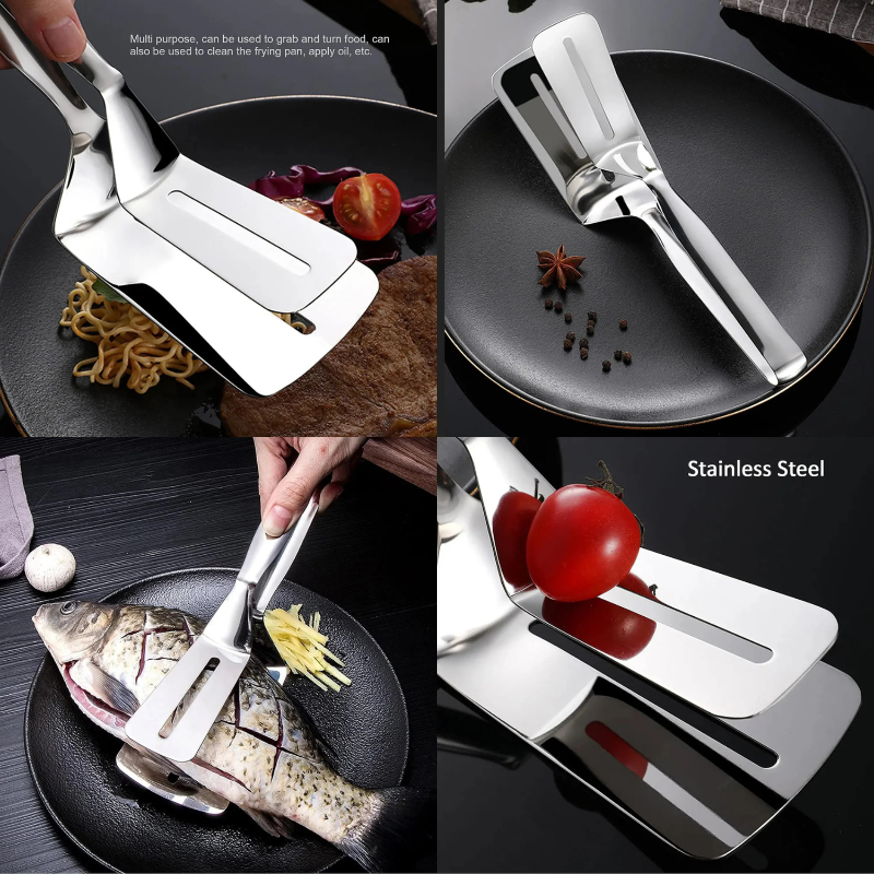 Multifunction Stainless Steel Cooking & BBQ Tongs | Oil-Draining Slotted Frying Turner | Steak, Roti & Grill Food Clip
