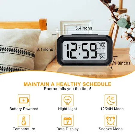 Digital LCD Alarm Clock with Automatic Backlight & Snooze – Battery-Powered Table Clock with Time, Date, Day & Temperature Display | Optical Light Sensor
