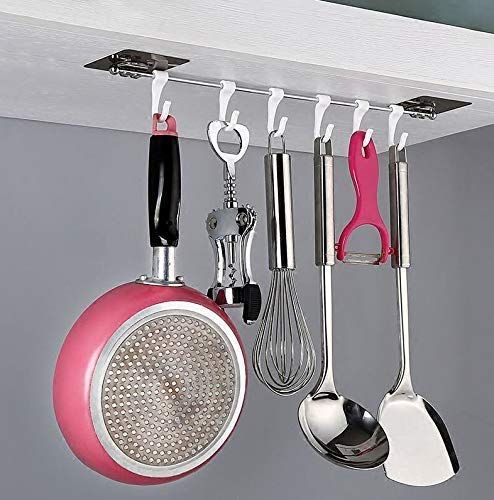 Stainless Steel Wall Mounted Utensil Hanger Rail with 6 Hooks & Nail-Free Adhesive Stickers | Kitchen Organizer Rod for Spoons, Towels & Tools | Removable, Rustproof, and Space-Saving Rack