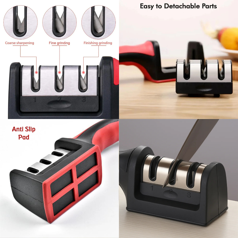3-Stage Manual Knife Sharpener | Tungsten Steel + Ceramic Slots for Steel & Ceramic Knives (Red & Black)
