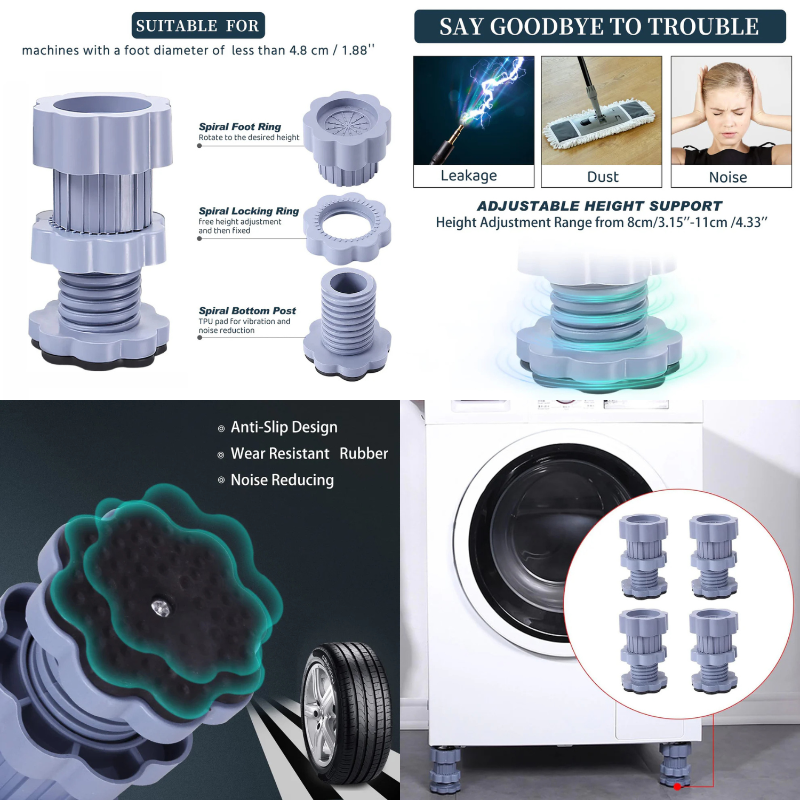 Adjustable Washing Machine Support Pads | Non-Slip PVC Lifting Pads for Washer, Dryer & Furniture (4 Pcs)
