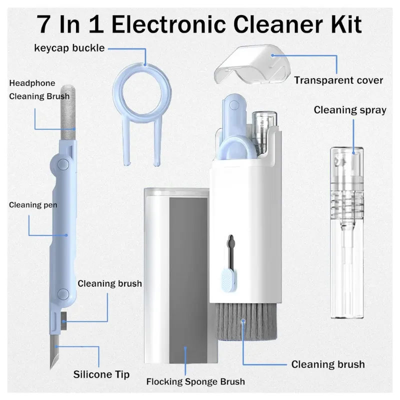 7-in-1 Electronic Cleaning Kit – All-in-One Cleaner for Monitor, Keyboard, Laptop, AirPods & Smartphone | Screen Brush, AirPods Cleaning Pen, Keycap Puller & Spray Bottle Set