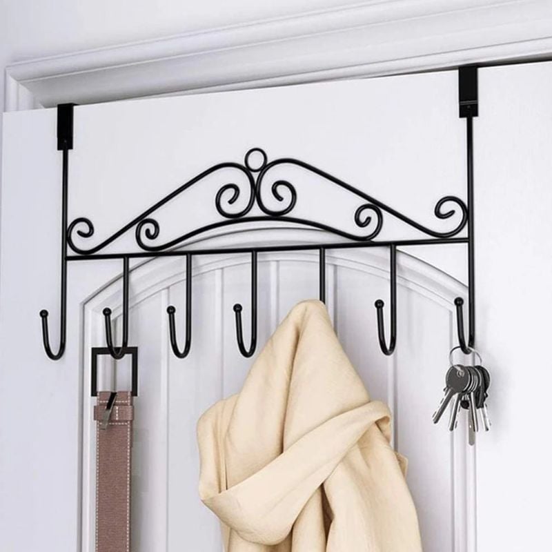 Over The Door Hanger Rack with 7 Hooks – Heavy-Duty Metal Door Hook Organizer for Clothes, Bags, Towels & Keys | Rustproof Decorative Door Hanger for Home, Office & Hotel Use (1 Pc, Retro Black Finish)