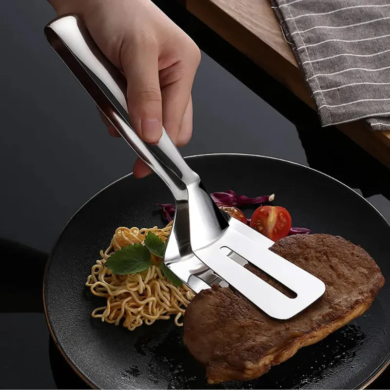 Multifunction Stainless Steel Cooking & BBQ Tongs | Oil-Draining Slotted Frying Turner | Steak, Roti & Grill Food Clip
