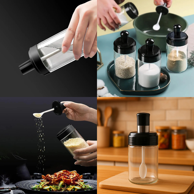 Glass Spice Box with Attached Spoon | Leak-Proof Masala & Seasoning Jar – See-Through, Airtight & Heat Resistant (1 Pcs)