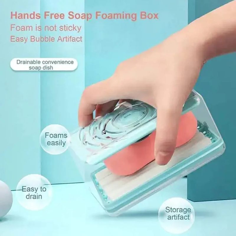 2-in-1 Portable Soap Dish with Roller & Drain | Foaming Soap Dispenser Holder Box for Kitchen, Bathroom & Home | Quick Lather, No-Mess, Easy Drain Design
