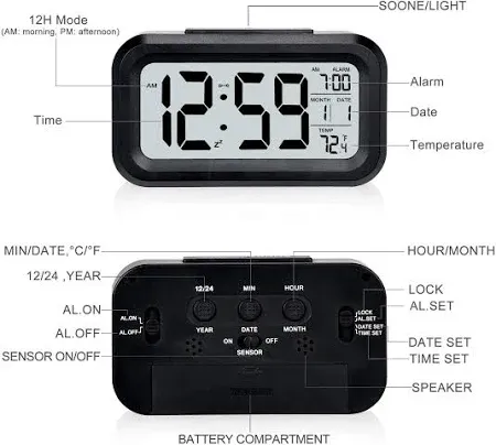 Digital LCD Alarm Clock with Automatic Backlight & Snooze – Battery-Powered Table Clock with Time, Date, Day & Temperature Display | Optical Light Sensor