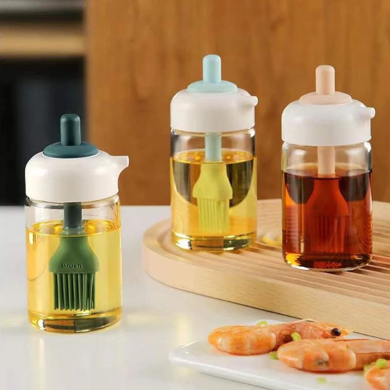 2-in-1 Borosilicate Glass Oil Dispenser with Silicone Brush | Transparent Leakproof Kitchen Oil Jar for Ghee, Olive Oil, Honey & Cooking Condiments | Easy Refill, Hygienic & Durable