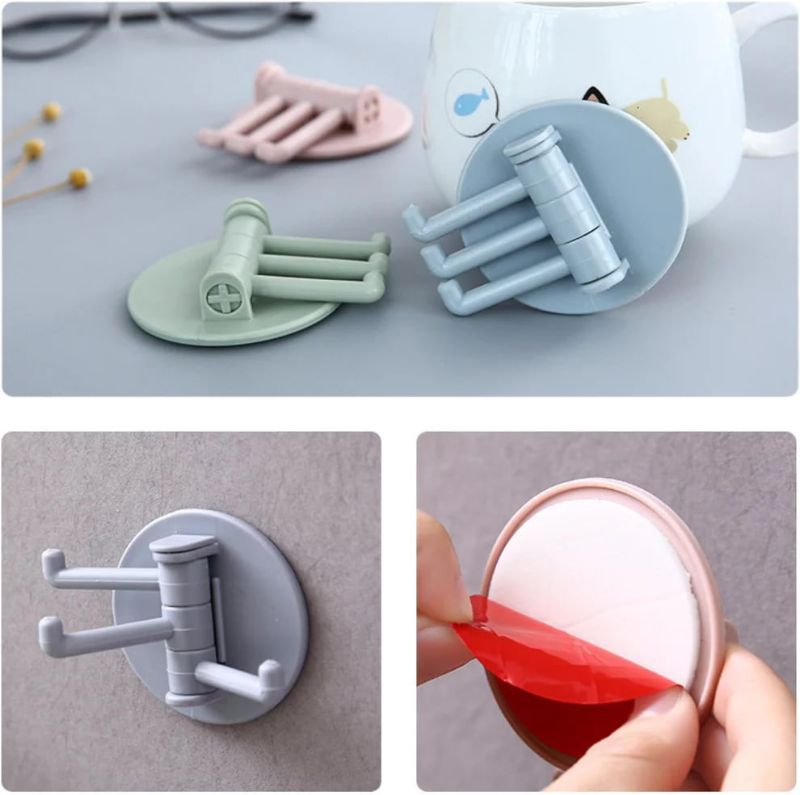 Sticky Hook Household Strong Punch-Free Hook | 180° Foldable Multi-Function Rotatable Hook with 3 Hooks | Heavy Duty Adhesive Wall Hook for Bathroom, Kitchen, Office & Home