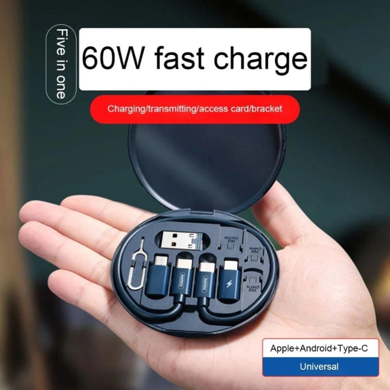 5-in-1 Mini Multi-Functional Fast Charging Data Cable Set | Type-C, Micro USB & Lightning Compatible | 60W Fast Charging, Data Transfer, SIM Pin & Phone Stand | Compact Round Travel Storage Box