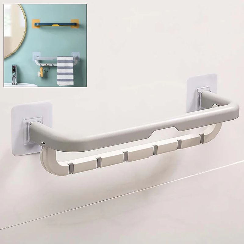 Wall Mounted Double Bar Towel Holder with Hooks | Foldable Adjustable Bathroom & Kitchen Towel Rack | No-Drill Installation | Space-Saving Multifunctional ABS Towel Shelf