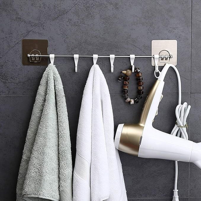 Stainless Steel Wall Mounted Utensil Hanger Rail with 6 Hooks & Nail-Free Adhesive Stickers | Kitchen Organizer Rod for Spoons, Towels & Tools | Removable, Rustproof, and Space-Saving Rack
