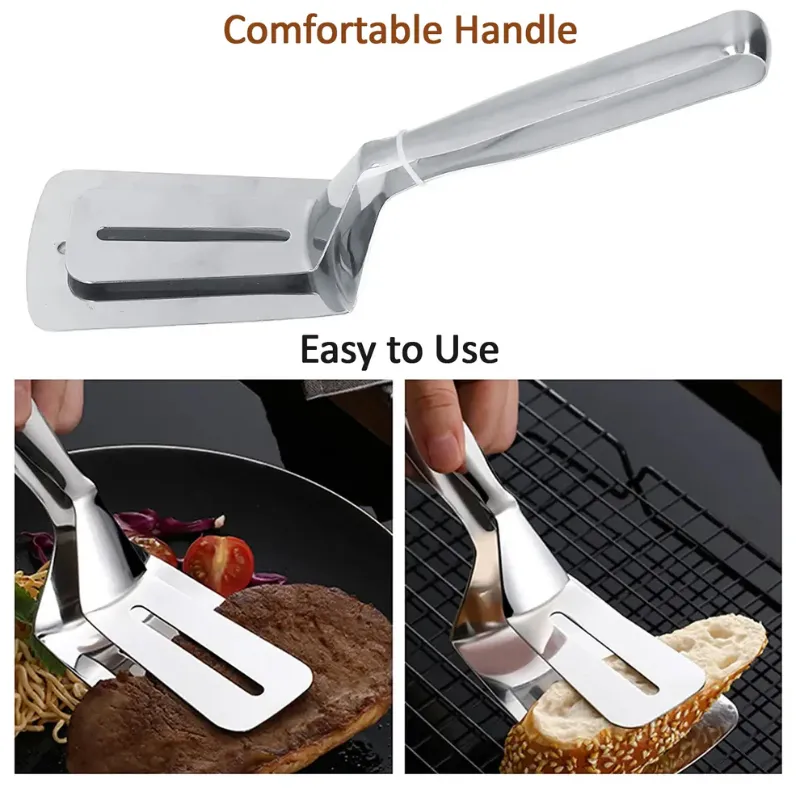 Multifunction Stainless Steel Cooking & BBQ Tongs | Oil-Draining Slotted Frying Turner | Steak, Roti & Grill Food Clip