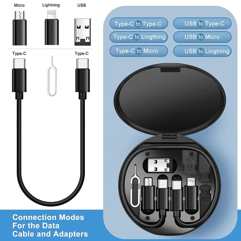 5-in-1 Mini Multi-Functional Fast Charging Data Cable Set | Type-C, Micro USB & Lightning Compatible | 60W Fast Charging, Data Transfer, SIM Pin & Phone Stand | Compact Round Travel Storage Box