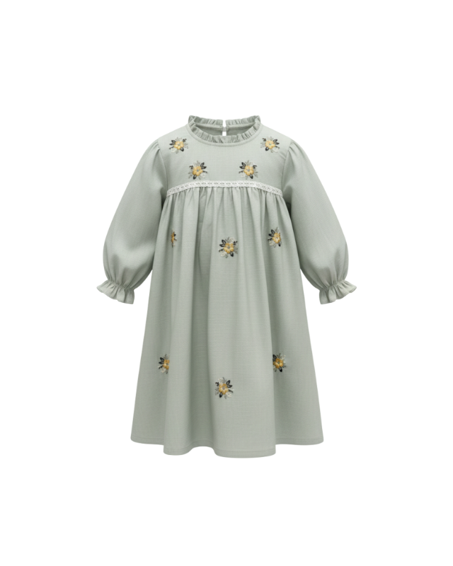 QNA GIRL - Sage Blossom Embroidered Dress