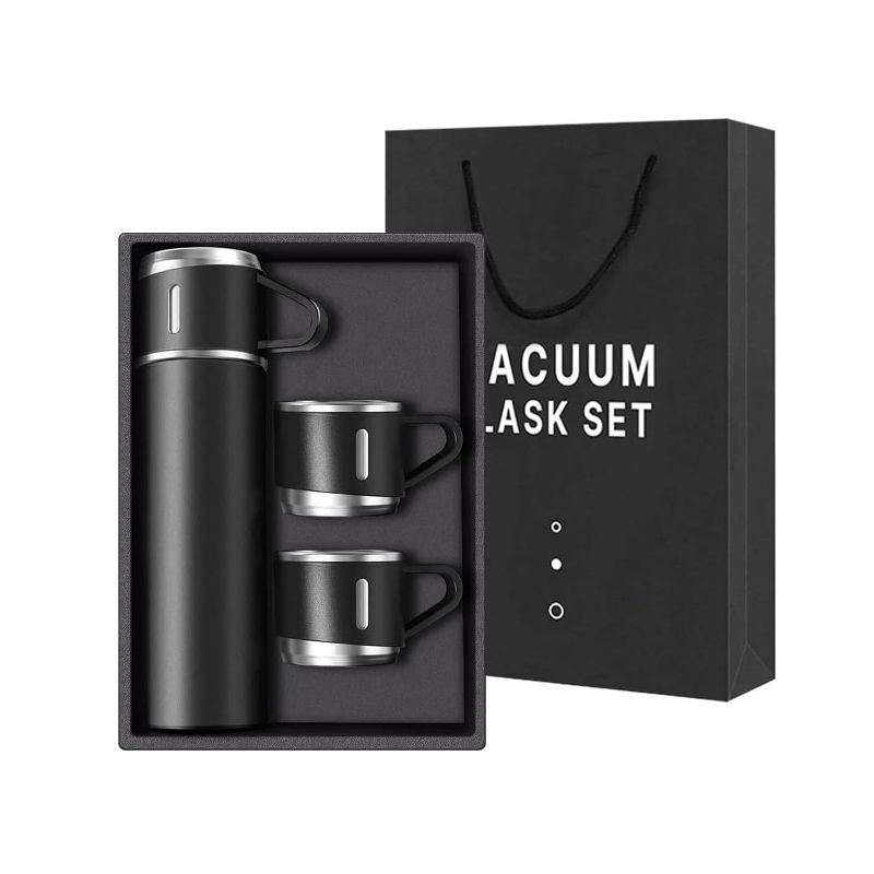 Zuha Vacuum Flask Set with 2 Cups, Double Wall Stainless Steel Thermo 500ml Vacuum Insulated Bottle Water Flask Set with 3 Cups Gift Set with Two Cups Hot & Cold