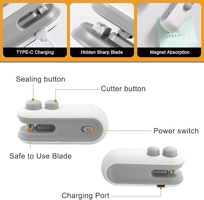 Zuha Portable Plastic Bag Sealing Machine | Mini Bag Sealer with Cutter and Magnet | Packet Sealer for Food, Chips, Snacks, Traveling Food Packets Bags (Rechargeable) 1Pcs