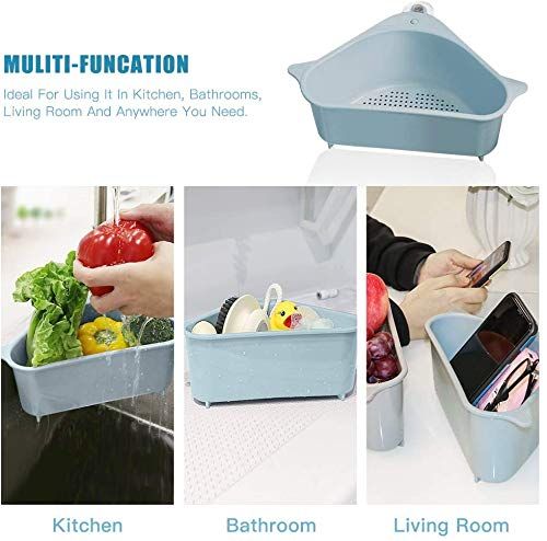 Zuha Plastic Sink Basket Strainer, No Drilling Triangular Multifunctional Drain Shelf Kitchen Sink Strainer Holder Multifunctional Box Organizer for Soap, Sponge