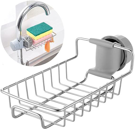 Zuha Kitchen Sink Faucet Sponge Holder Caddy Organizer Over, Stainless Steel Heavy Duty Thickening Hanging Drain Rack for scrubbers, soap, Bathroom, Detachable no Suction Cup Bathroom soap Holder