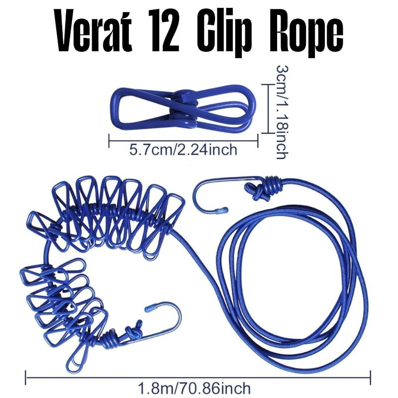 Zuha 1 Piece Cloth Drying Rope/Elastic Rope with Hook/12 Clip Elastic Hanging Rope/Stretchable/Clothesline/Portable Cloth Dryer/Kapde Sukhane Ki Rassi/Travel Home Outdoor(Multicolour), Assorted