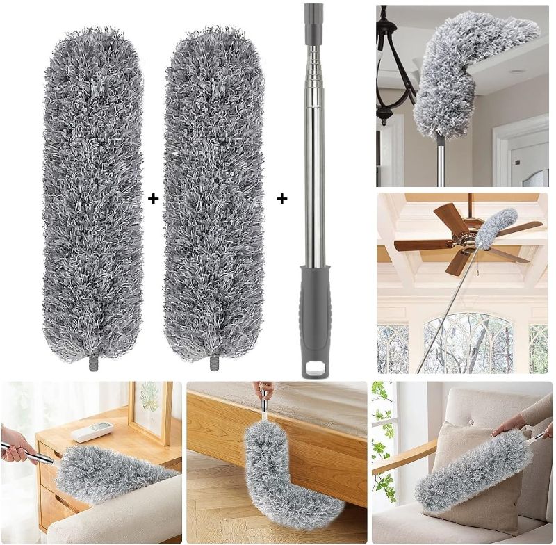 Zuha  Feather Dusters for Fan Mop for Cleaning High Ceiling Cobweb Window Blinds Furniture, 2pcs Bendable Microfiber Head & 1Pcs 100 inch Extension Pole, Washable Duster, (2 Duster + Pole)