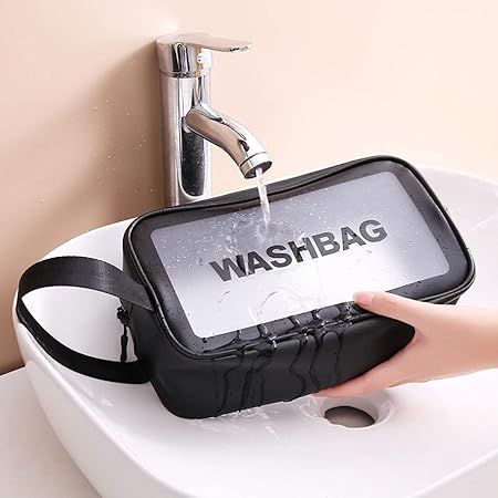 Set of 3 Transparent Waterproof Travel Wash Bag/Toiletry Organizer Pouch with Handle (Black)