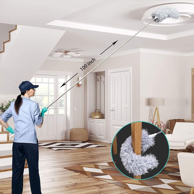 Zuha  Feather Dusters for Fan Mop for Cleaning High Ceiling Cobweb Window Blinds Furniture, 2pcs Bendable Microfiber Head & 1Pcs 100 inch Extension Pole, Washable Duster, (2 Duster + Pole)