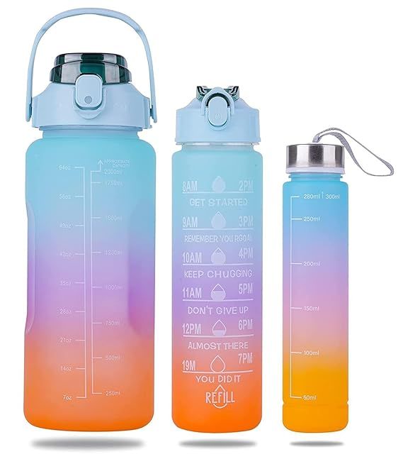 Zuha Plastic Water Bottle 3 Pcs Set With Motivational Time Marker With Straw, Leakproof Bpa Free Non-Toxic Water Bottle 2000 Ml For Office, Sports, Gym - Multicolor