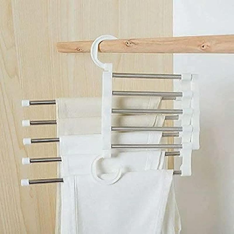 Zuha 5 in 1 Stainless Steel Foldable Hangers (Pack of 1) - Multi-Layer Multi-Purpose Pant Organizer for Wardrobe, Clothes Hanging