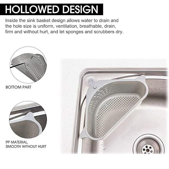 Zuha Plastic Sink Basket Strainer, No Drilling Triangular Multifunctional Drain Shelf Kitchen Sink Strainer Holder Multifunctional Box Organizer for Soap, Sponge