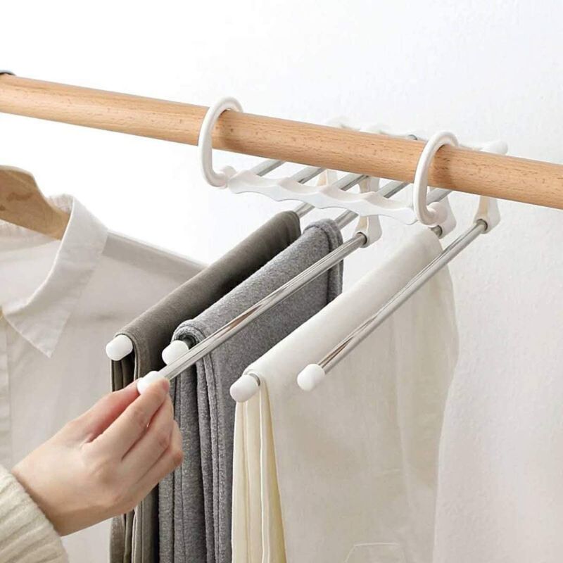 Zuha 5 in 1 Stainless Steel Foldable Hangers (Pack of 1) - Multi-Layer Multi-Purpose Pant Organizer for Wardrobe, Clothes Hanging