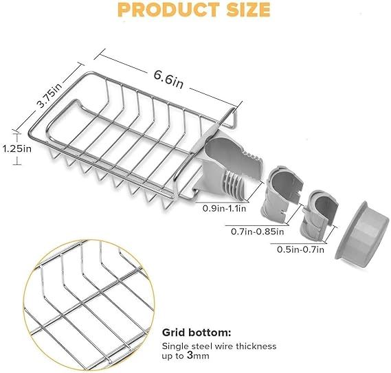 Zuha Kitchen Sink Faucet Sponge Holder Caddy Organizer Over, Stainless Steel Heavy Duty Thickening Hanging Drain Rack for scrubbers, soap, Bathroom, Detachable no Suction Cup Bathroom soap Holder