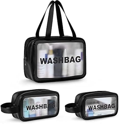 Set of 3 Transparent Waterproof Travel Wash Bag/Toiletry Organizer Pouch with Handle (Black)