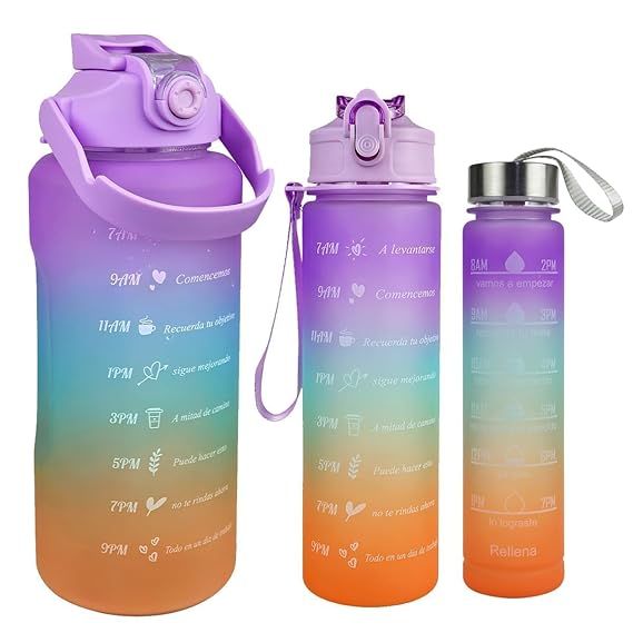 Zuha Plastic Water Bottle 3 Pcs Set With Motivational Time Marker With Straw, Leakproof Bpa Free Non-Toxic Water Bottle 2000 Ml For Office, Sports, Gym - Multicolor