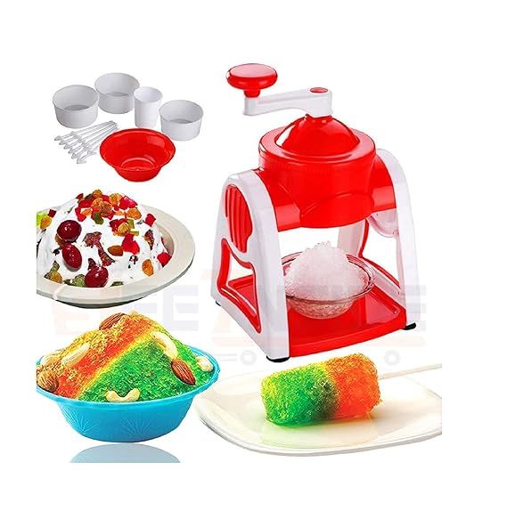 Zuha Industries Portable Ice Crusher Machine for Home with 3 Bowl, 6 Sticks, 1 Glass & Dish | Easy-to-Use Chuski & Slushy Maker | Counter-Top Ice Gola Machine for Summer Delights | White & Red