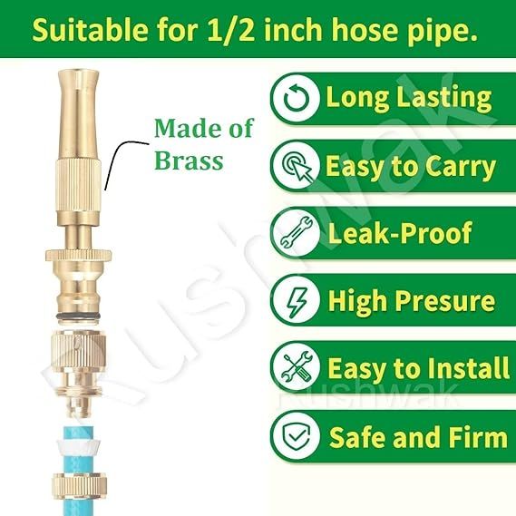Zuha Brass Water Spray Nozzle for 1/2" Hose Pipe - Adjustable Pressure Booster Gun for Car Wash & Gardening, 10 x 2 cm