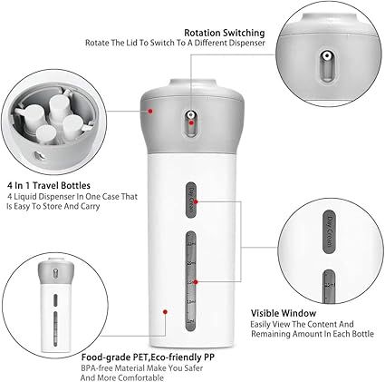 Zuha 4 in 1 Travel Size Dispenser Bottle Set Refillable Plastic Leak Proof Toiletries Cosmetic Liquid Lotion Container (Multi Color)