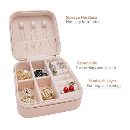 Zuha Faux Leather Mini Jewelry Travel Case,Small Travel Jewelry Organizer, Portable Jewelry Box Travel Mini Storage Organizer Portable Display Storage Box For Rings Earrings Necklaces Gifts (Pink)