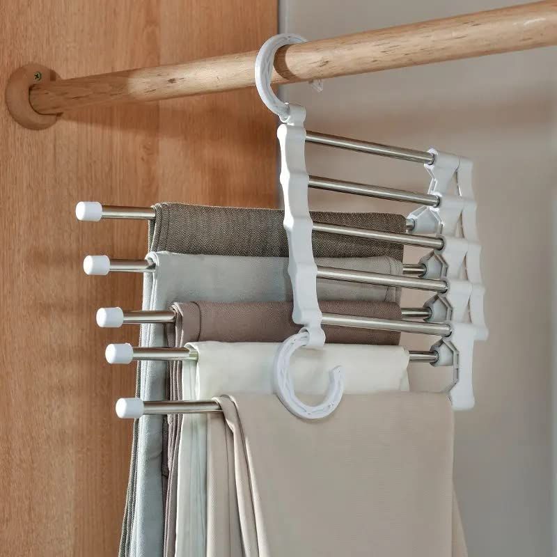 Zuha 5 in 1 Stainless Steel Foldable Hangers (Pack of 1) - Multi-Layer Multi-Purpose Pant Organizer for Wardrobe, Clothes Hanging