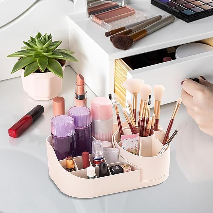 Zuha Makeup Organiser Cosmetic Makeup Lipstick Storage Box with Drawer Plastic Case Holder Skin Care Products for Dressing Table Rotable side secction 16 grid(360 Rotation-PINK)