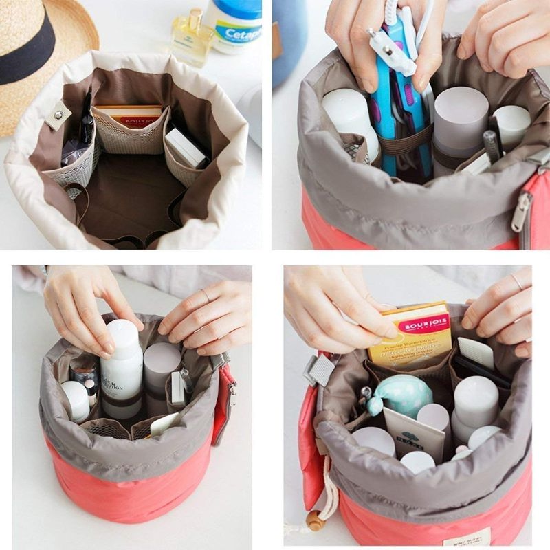 Zuha Latest Stylish Bucket Barrel Shaped Makeup Pouch for Girls | Round Cosmetic Bag with Multi Pockets | Make-Up Toiletry Pouches for Travel | Storage Organizer & Wash Bags for Women