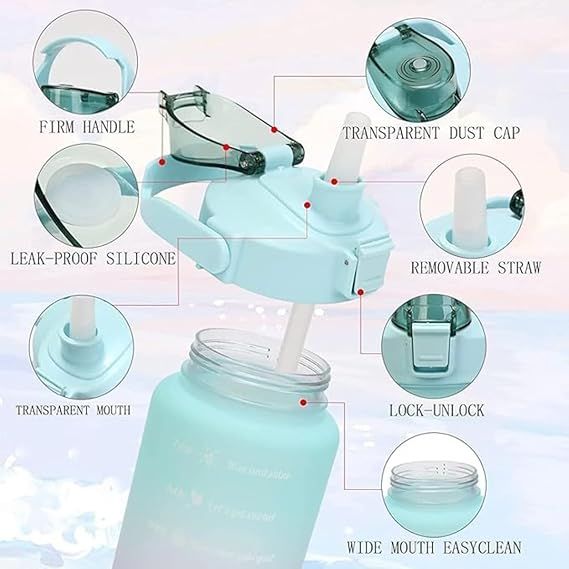 Zuha Plastic Water Bottle 3 Pcs Set With Motivational Time Marker With Straw, Leakproof Bpa Free Non-Toxic Water Bottle 2000 Ml For Office, Sports, Gym - Multicolor